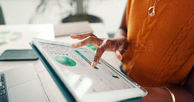 Buy stock photo Information, hands and tablet screen with business person at desk in office to review charts or graphs. Data, statistics on digital display and technology with employee in workplace for analysis