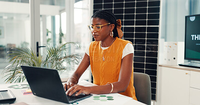 Buy stock photo Business, solar panels and black woman with laptop, internet and research for sustainability. African person, pc and employee with photovoltaic grid, planning and feedback for ecology report or email