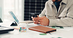 Man, hands or typing in office with phone for sustainable business communication, email or notification. Person, scroll or browsing with tech for ESG mobile app, environmental website or text message