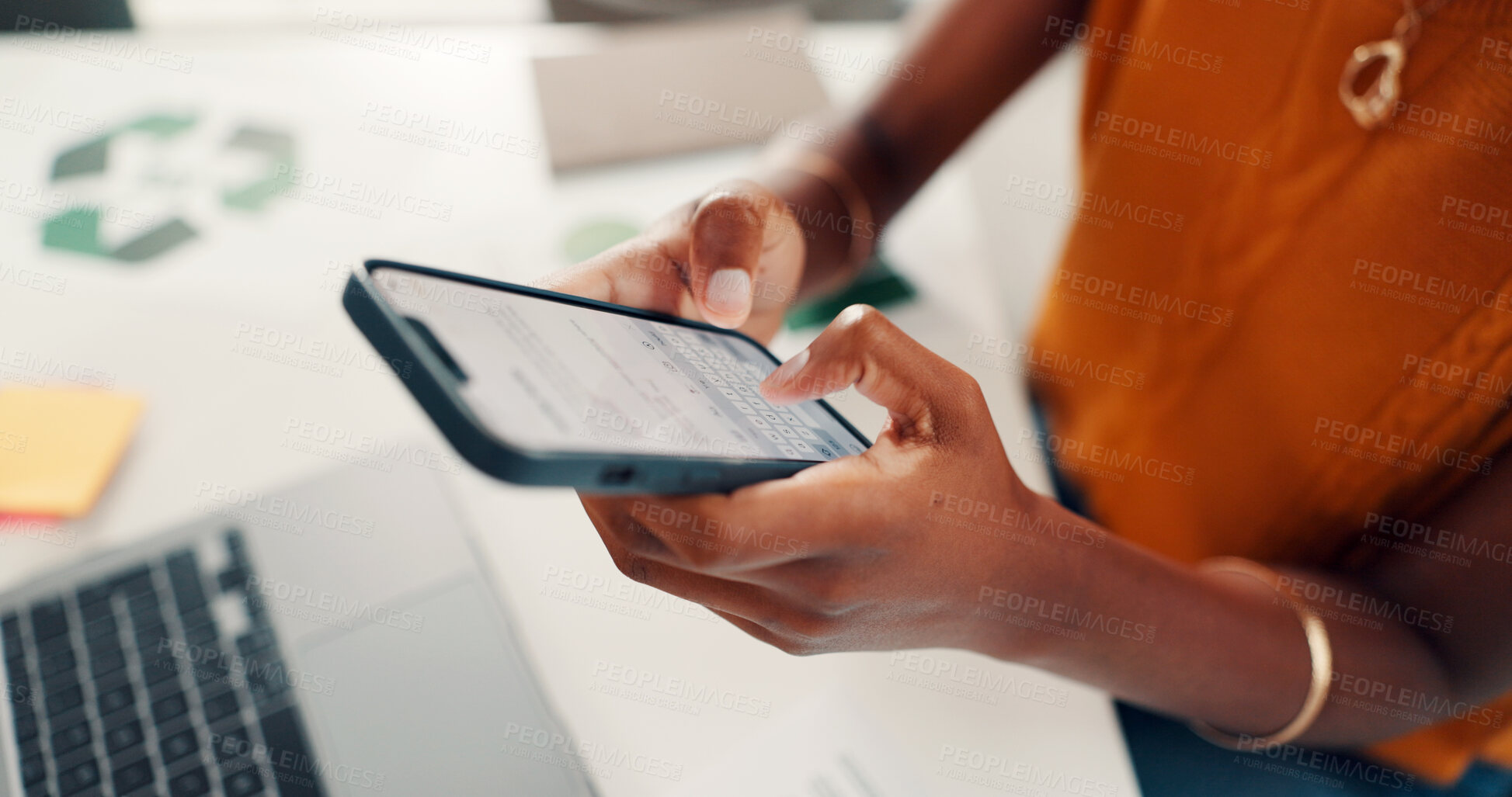 Buy stock photo Woman, hands and typing with phone for communication, email or recycling NGO in office. Closeup, female person or environmentalist with mobile smartphone for network, online texting or chatting app