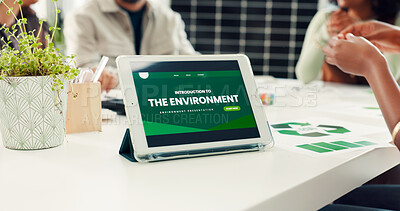 Buy stock photo Sustainable business, tablet screen or hands of team in meeting, accountability or recycle plan. Green project, renewable energy or people with ideas for carbon footprint, tech or eco friendly office