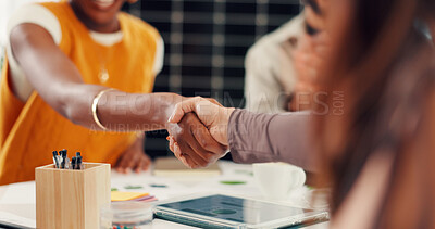 Buy stock photo Solar panel, shaking hands or team in office with tablet, success or approval of sustainable project. Meeting, tech or investor in agency with handshake, agreement or deal for photovoltaic grid pitch