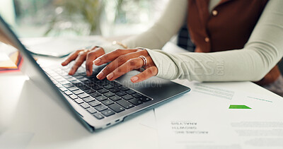 Buy stock photo Typing, laptop and hands of woman with paperwork for planning, checklist and online report. Tech, office and employee with research for documents, proposal or schedule with project management