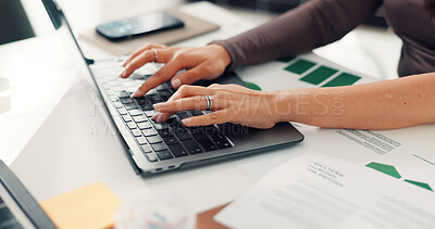 Buy stock photo Typing, laptop and hands of woman with graphs for planning, paperwork and online report. Tech, office and employee with research for documents, proposal or administration with project management