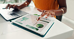 Typing, laptop and hands of woman with tablet for graphs, planning and online report. Tech screen, office and employee with research for documents, proposal or administration with project management
