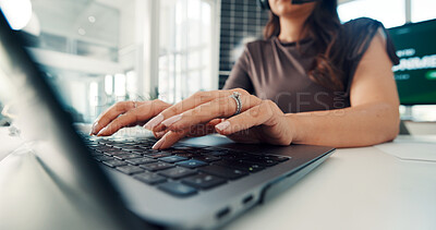 Buy stock photo Employee, typing and hands with laptop in office, online or eco friendly report for risk management. ESG consultant, sustainability and person with tech for environmental benefits and solar energy