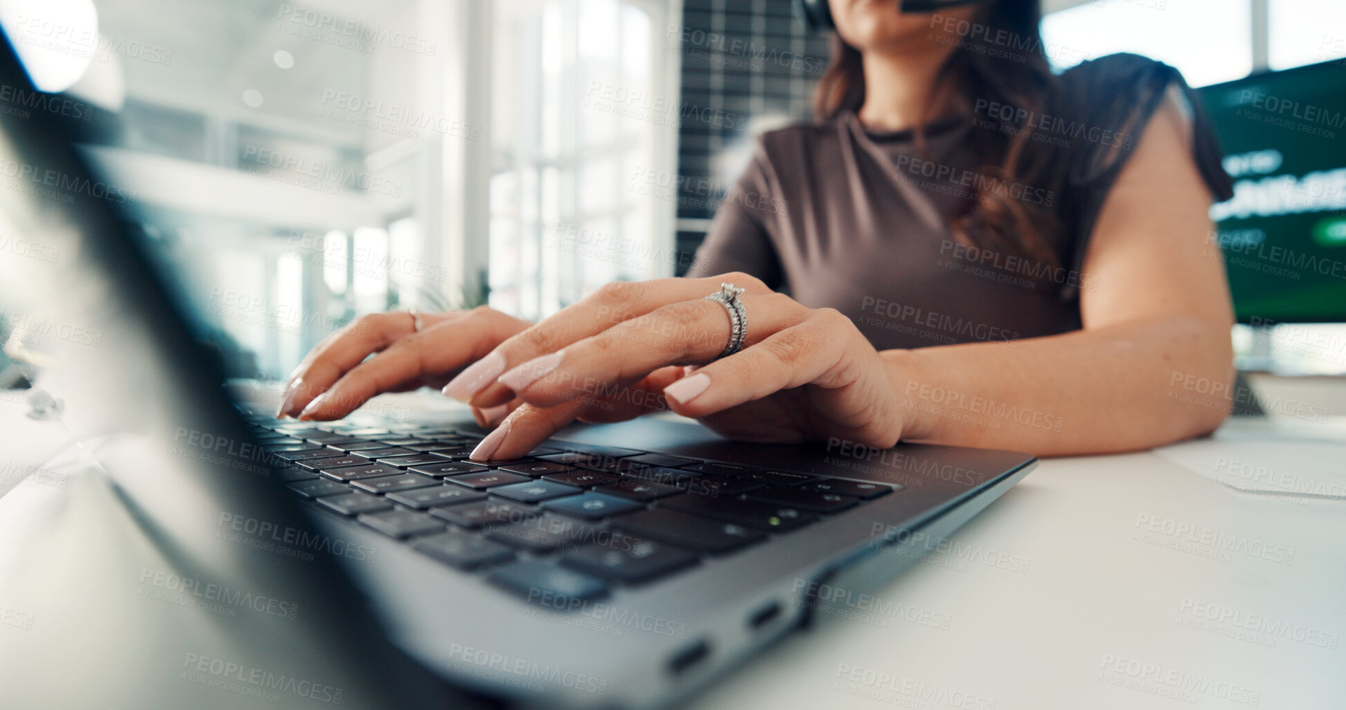 Buy stock photo Employee, typing and hands with laptop in office, online or eco friendly report for risk management. ESG consultant, sustainability and person with tech for environmental benefits and solar energy