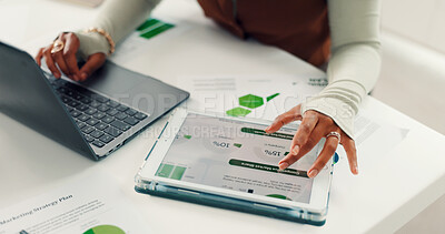 Buy stock photo Graphs, top view or hands in office with tech, laptop or data analysis for forecast report. Marketing manager, paper or woman in agency with tablet, research or strategy plan for company growth.