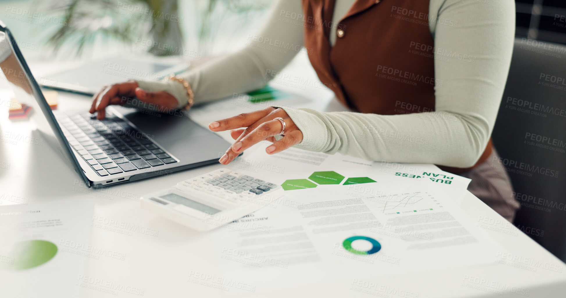 Buy stock photo Graphs, laptop or hands in office with calculator, budget or data analysis for forecast report. Financial manager, paper or woman in agency with stats, strategy or business plan for company growth.