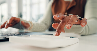 Buy stock photo Typing, calculator and hands of woman with laptop for planning, accountant and online report. Tech, office and employee with research for bookkeeping, proposal or budget with project management