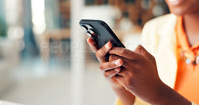 Buy stock photo Texting, hands or woman in office with phone, schedule change or networking on digital app. Communication, space or employee in agency with tech, email update or message reply to stakeholder.