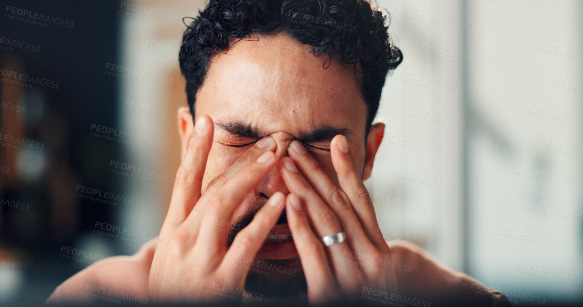 Buy stock photo Headache, stress and businessman in office with pressure, tension or burnout for deadline. Tired, migraine and male creative editor with fatigue, brain fog or overwhelmed for project in workplace.