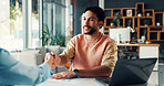 Business people, shaking hands and interview with laptop for hiring, thank you or recruiting in office. Human resources, man and handshake with smile, technology and team onboarding in workplace