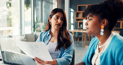 Buy stock photo Sales consultant, paperwork and women in office, conversation and meeting for subscription increase. People, coworking or employees with documents, laptop and feedback with charts for profit growth