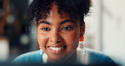 Buy stock photo Reading, woman or laptop with smile in office for article revision, editing submission or newsletter. Creative agency, editor and tech for fact checking story with review and draft publication