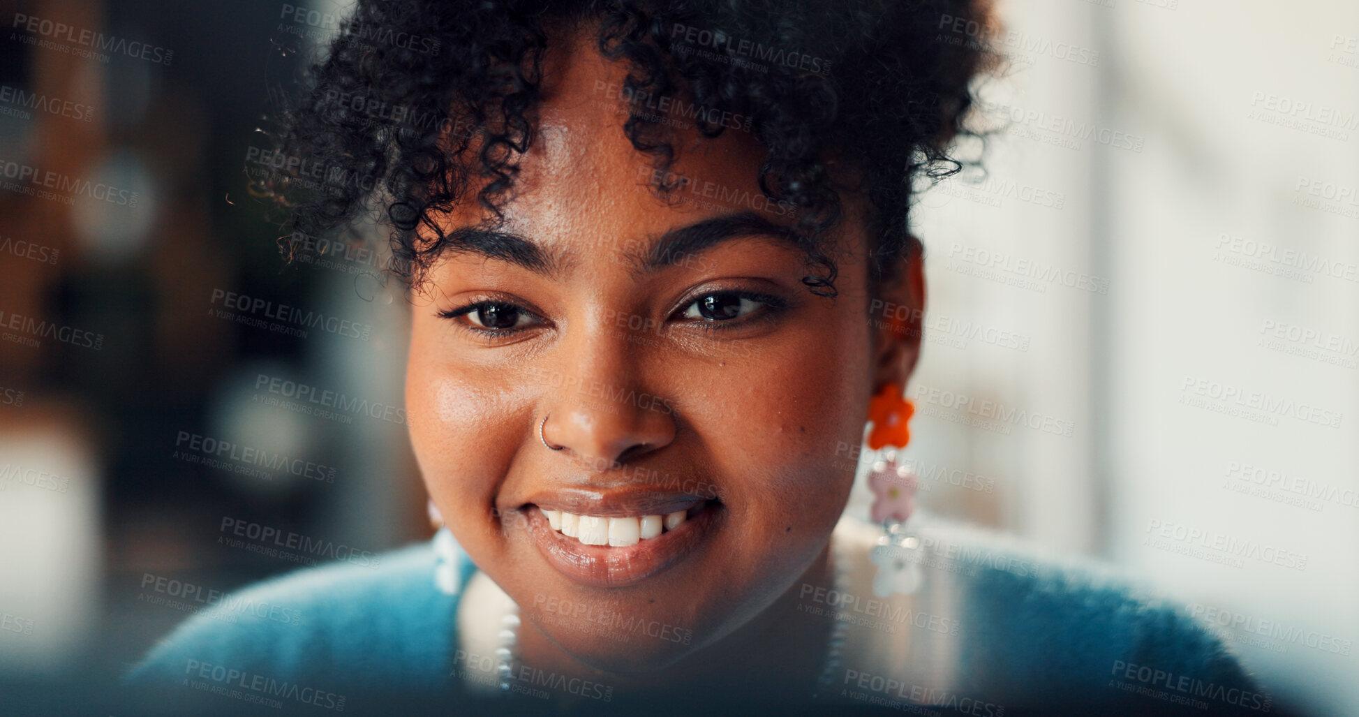 Buy stock photo Reading, woman or laptop with smile in office for article revision, editing submission or newsletter. Creative agency, editor and tech for fact checking story with review and draft publication