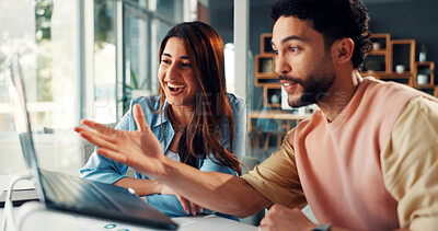 Buy stock photo Excited, man and woman with laptop, office and positive feedback on email, graphic designer and web. People, laugh and colleagues with tech for brand identity, online and good news for design project