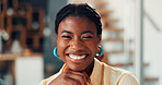 Portrait, black woman and relax with smile at house for peace, calm morning and positive attitude. Happy, female person and laughing for weekend off, free time and feel good of cozy afternoon in home