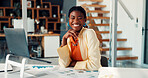 Marketing, smile and black woman in office with laptop, data analysis and pride in brand strategy. Happy, confidence and analyst in agency with graphs, about us and experience as trend specialist.