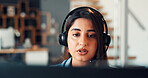 Telemarketing, laptop and woman with headset, office and communication for lead generation or sales. Call center, telemarketer and person with mic for consultation, online and discussion with contact