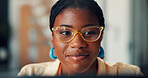 Smile, woman or laptop with glasses in office for article revision, editing draft or proofreading. Black person, editor or tech at desk for submission approval, newsletter review or story publication