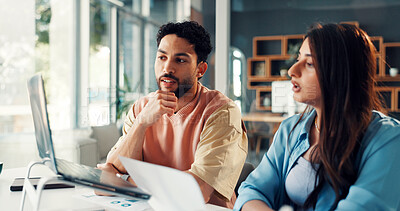 Buy stock photo Business, discussion and team with laptop in office for campaign oversight, KPI data and planning. Marketing manager, people and SEO graphs for website traffic, project management and brand strategy