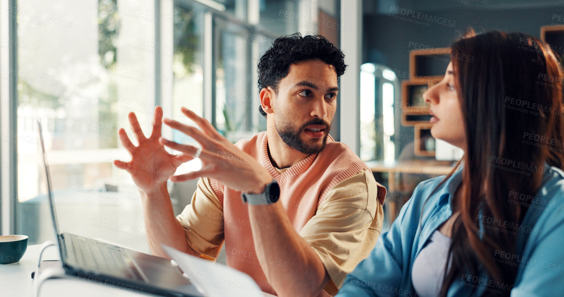 Buy stock photo Media agency, laptop and people with conversation, coaching and brainstorming for publication. Mentor, magazine editor or journalists with advice cooperation and pc with feedback, creativity or ideas