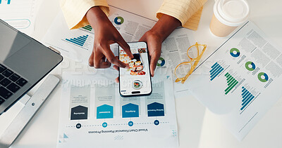 Buy stock photo Ecommerce, above or hands in office with phone screen, sales analysis or food results on company website. Finance, graphs or woman in agency with tech, order platform or data insight for delivery app