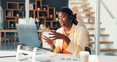 Buy stock photo Laptop, video call and woman with headset, telemarketing and discussion for lead generation or sales. Online, agent and black person with mic for virtual consultation, talk and communication on app