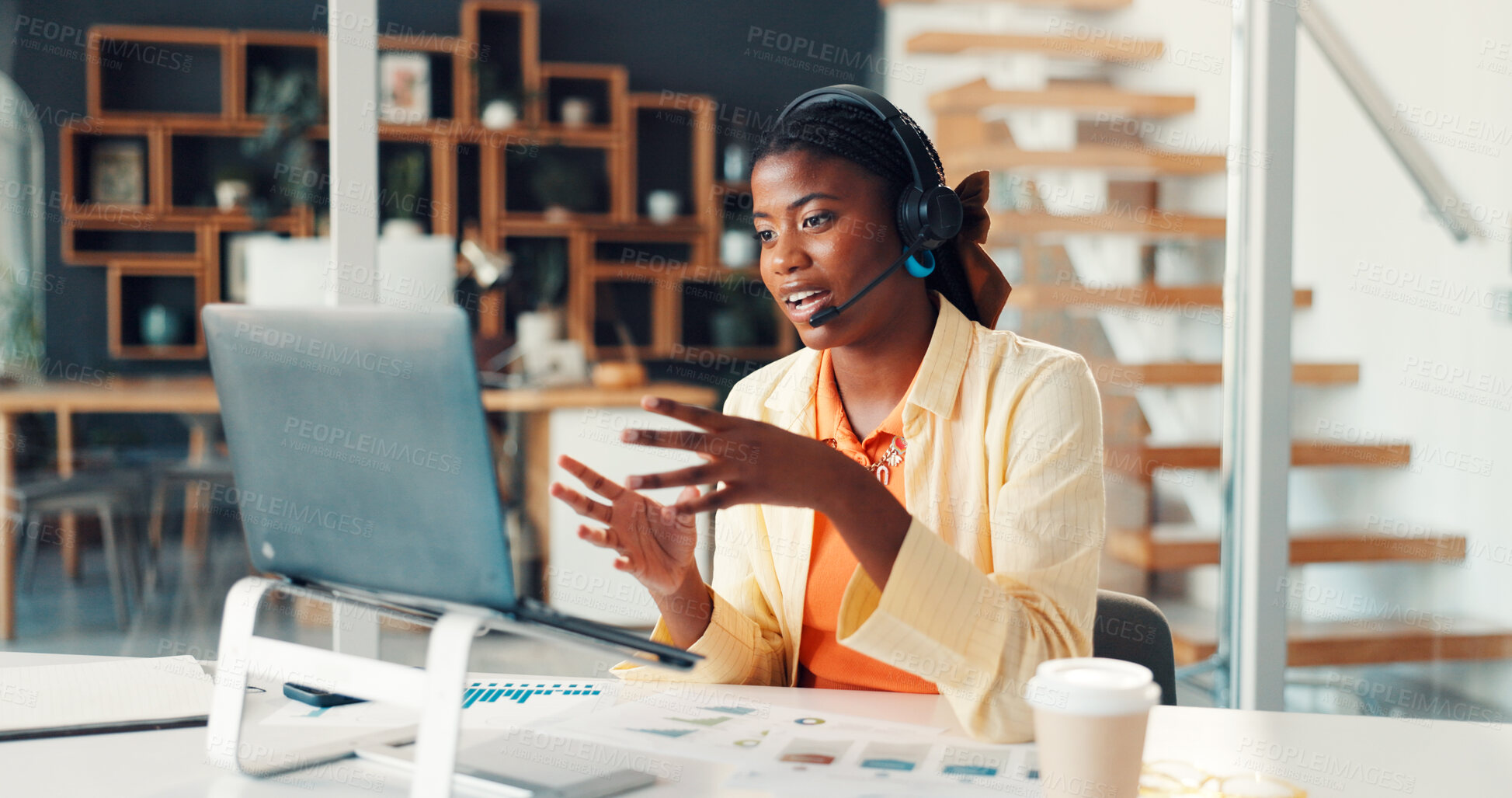 Buy stock photo Laptop, video call and woman with headset, telemarketing and discussion for lead generation or sales. Online, agent and black person with mic for virtual consultation, talk and communication on app