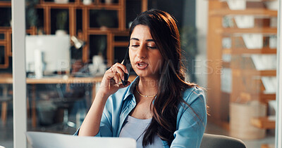 Buy stock photo Credit analyst, phone call or speaking in office with laptop, application discussion or company loan. Risk management, verify account info or woman talk with tech, screening process or assets details