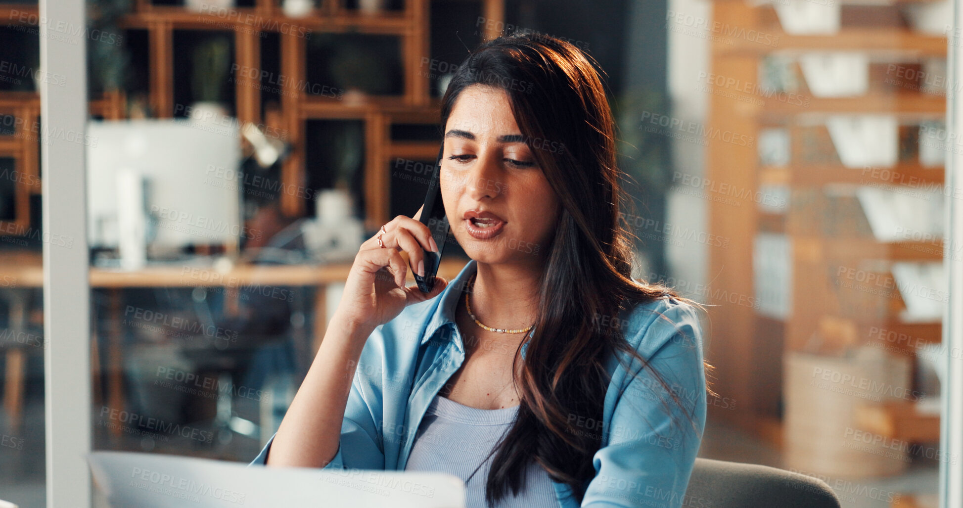 Buy stock photo Credit analyst, phone call or speaking in office with laptop, application discussion or company loan. Risk management, verify account info or woman talk with tech, screening process or assets details