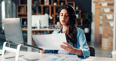 Buy stock photo Sales, paperwork and woman with headset, call center and discussion for lead generation and reading. Agent, telemarketing and person with mic for consultation, laptop and document for offer or online