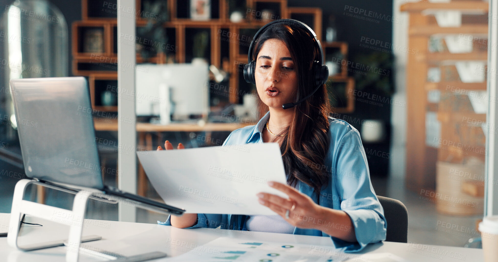 Buy stock photo Sales, paperwork and woman with headset, call center and discussion for lead generation and reading. Agent, telemarketing and person with mic for consultation, laptop and document for offer or online