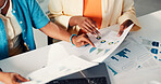 Hands, documents and business people in office with charts, feedback and investment for deal or sales. Laptop, employees and financial consultant in meeting, paperwork and budget report with graphs
