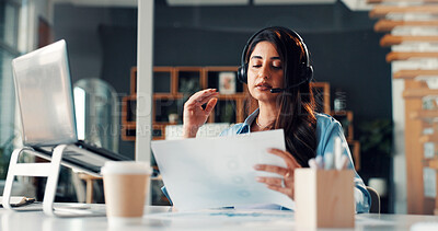 Buy stock photo Reading, paperwork and woman with headset, call center and discussion for lead generation and sales. Agent, telemarketing and person with mic for consultation, laptop and document for offer or online