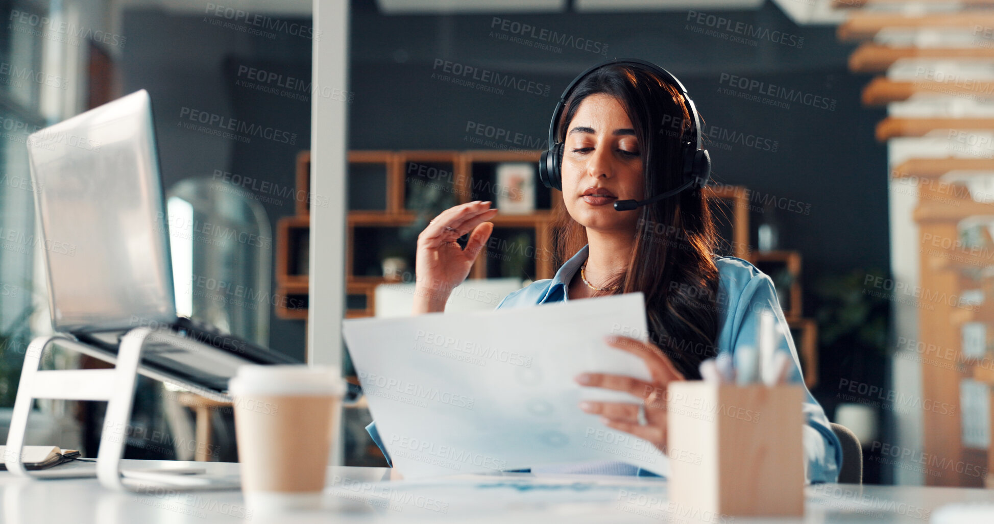 Buy stock photo Reading, paperwork and woman with headset, call center and discussion for lead generation and sales. Agent, telemarketing and person with mic for consultation, laptop and document for offer or online