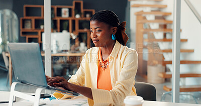 Buy stock photo Business, woman and typing on laptop in office for campaign proposal, KPI data or market research. Marketing manager, black person or SEO graphs for financial oversight, brand management or budgeting