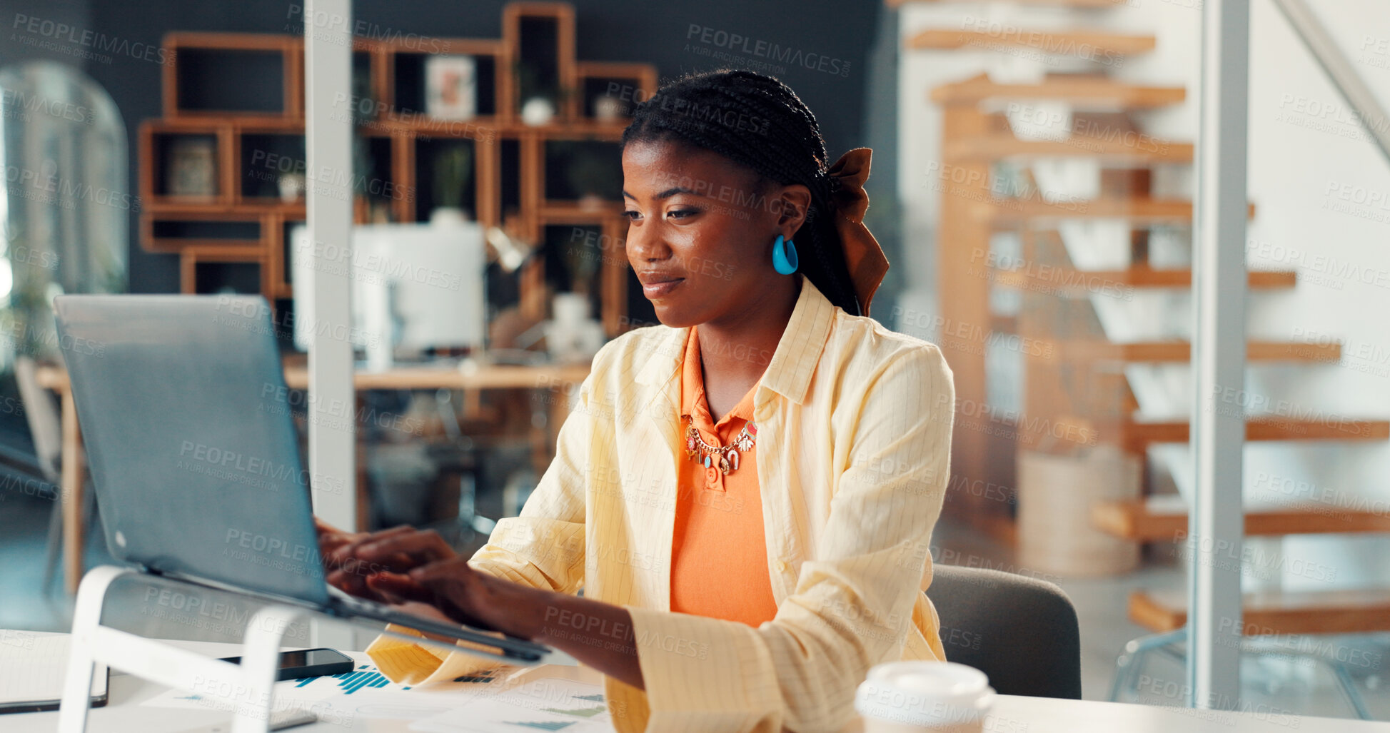 Buy stock photo Business, woman and typing on laptop in office for campaign proposal, KPI data or market research. Marketing manager, black person or SEO graphs for financial oversight, brand management or budgeting