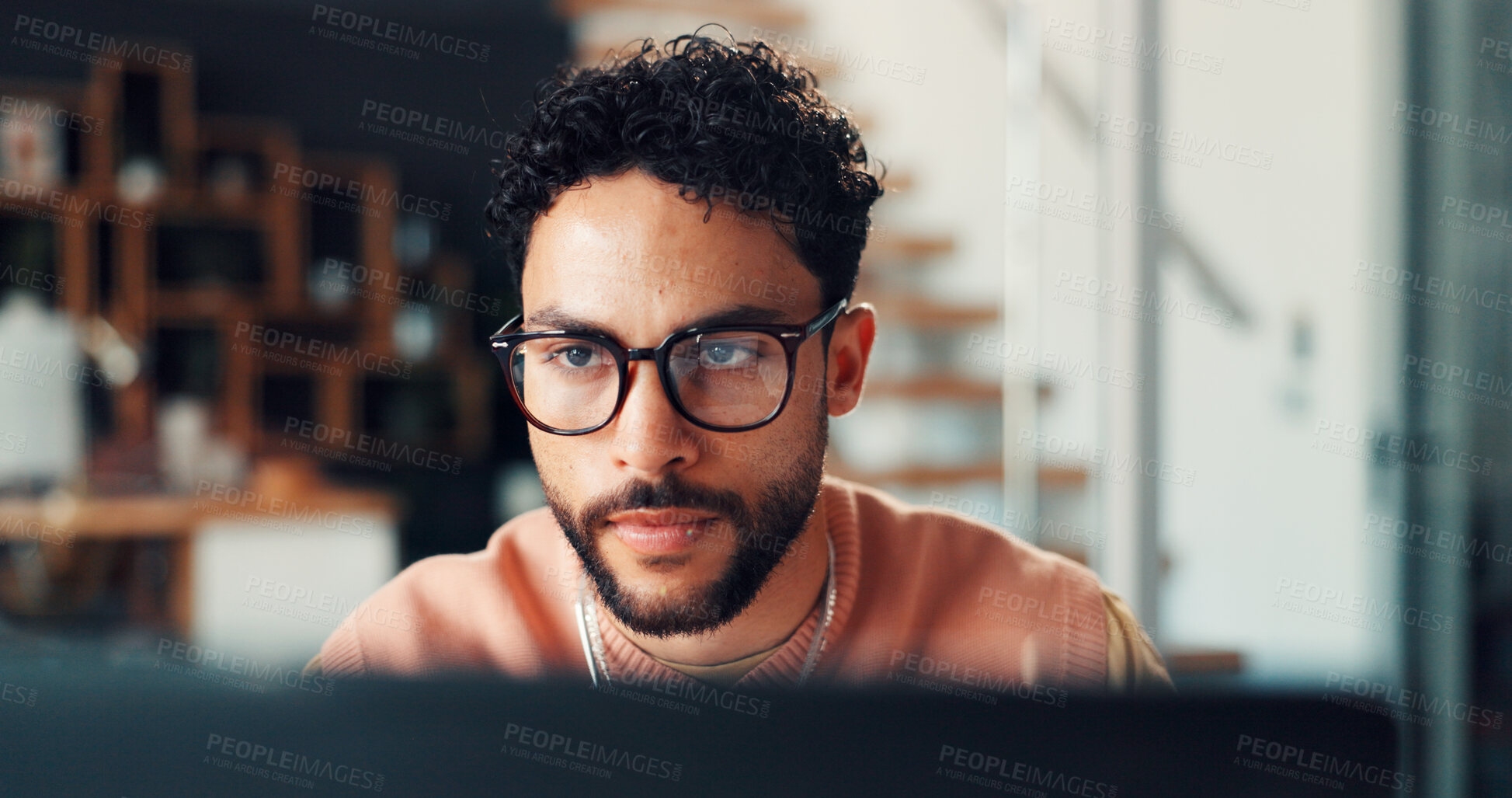 Buy stock photo Reading, man and laptop with glasses in office for article revision, editing draft or proofreading. Media agency, journalist and serious with tech for fact checking story, blog review or publication