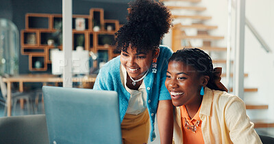 Buy stock photo Happy, media agency and women with laptop, internet or online reading with publication. People, business owners or pc with network, email for loan approval or website info with teamwork or connection