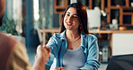 Business people, handshake and interview with laptop for hiring, thank you or recruiting in office. Human resources, woman and shaking hands with smile, technology and team onboarding in workplace