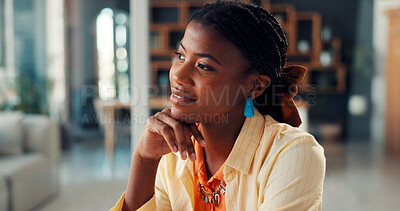 Buy stock photo Happy, woman or thinking in office for inspiration, digital marketing idea or campaign planning. Black person, reflection or brainstorming for social media advertising, project decision or creativity