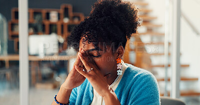 Buy stock photo Headache, stress and businesswoman in office with pressure, tension or burnout for deadline. Tired, migraine and female creative editor with fatigue, brain fog or overwhelmed for project in workplace