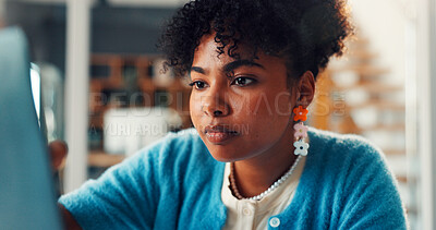 Buy stock photo Reading, woman or computer with research in office for article revision, editing submission or draft. Creative agency, editor and tech for fact checking story, review and column publication.