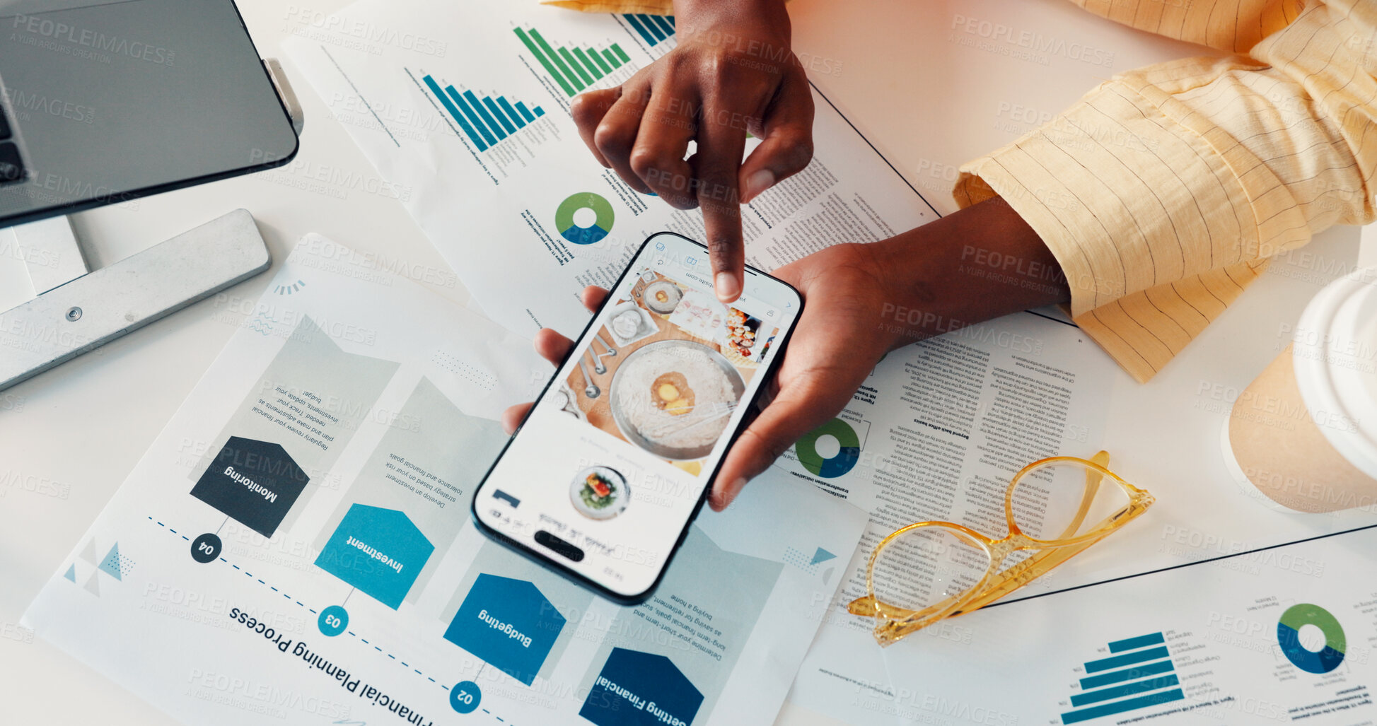 Buy stock photo Food, above and hands in office with phone screen, scrolling and menu results on lunch recipe. Digital, browsing and black woman in agency with tech, online search and meal display during rest.