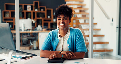 Buy stock photo Marketing, portrait and black woman in agency with laptop, data analysis and pride in brand strategy. Happy, confidence and analyst in office with graphs, about us and experience as trend specialist.