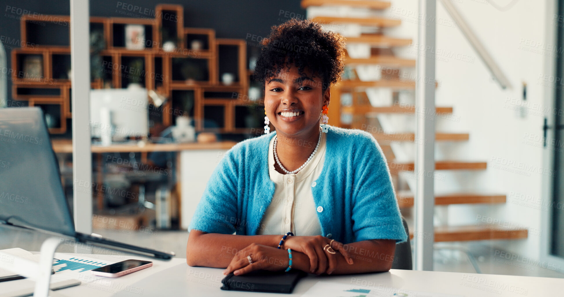 Buy stock photo Marketing, portrait and black woman in agency with laptop, data analysis and pride in brand strategy. Happy, confidence and analyst in office with graphs, about us and experience as trend specialist.