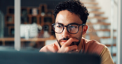 Buy stock photo Creative, man or thinking in office with tech for digital marketing idea, campaign trend or planning. Person, reading or brainstorming with computer for social media advertising, project or strategy.