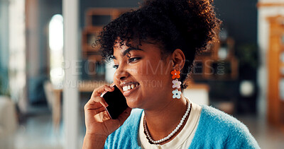 Buy stock photo Credit analyst, phone call or black woman in office for consultation, application discussion or company loan. Risk management, verify account info or talking with mobile, approval process or contract